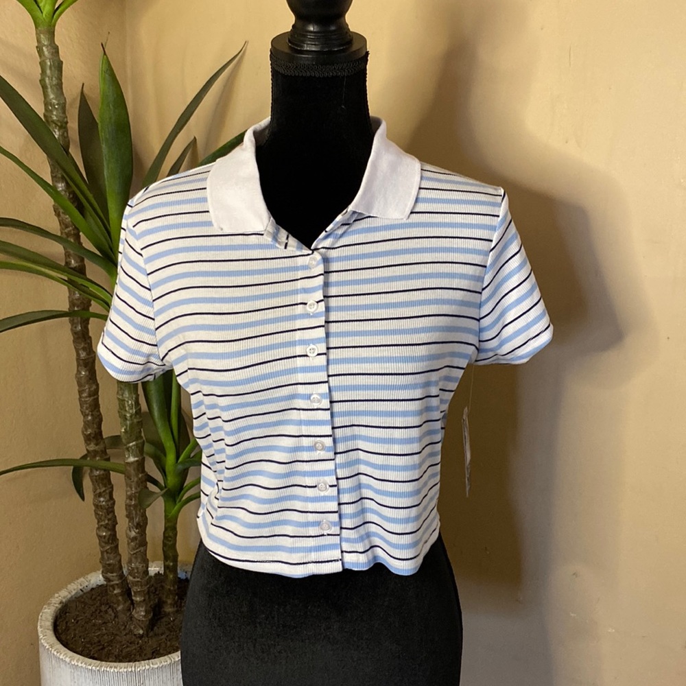 FadedRose Blue/White Striped Collared Top Size Large. SHEIN Blue and White